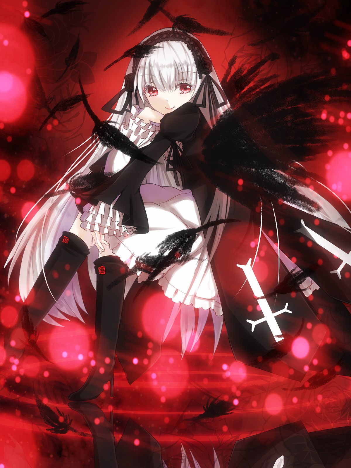 1girl black_legwear boots dress frills hairband image lolita_hairband long_hair long_sleeves looking_at_viewer red_eyes red_sky ribbon rose silver_hair solo suigintou thighhighs very_long_hair weapon wings