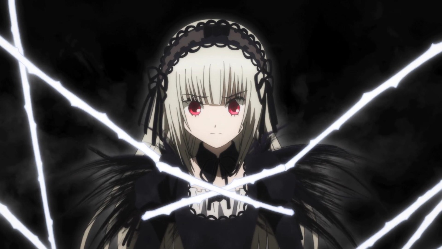 1girl bangs black_background black_dress black_ribbon closed_mouth detached_collar dress eyebrows_visible_through_hair hairband holding_weapon image long_hair looking_at_viewer red_eyes ribbon silver_hair solo suigintou sword weapon wings
