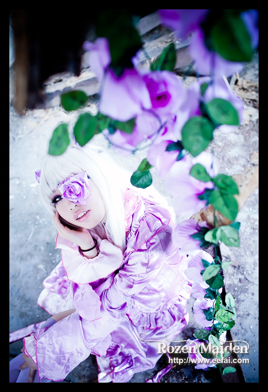 1girl barasuishou black_border blurry blurry_foreground border depth_of_field dress eyepatch flower letterboxed lips long_hair one_eye_covered solo veil white_hair