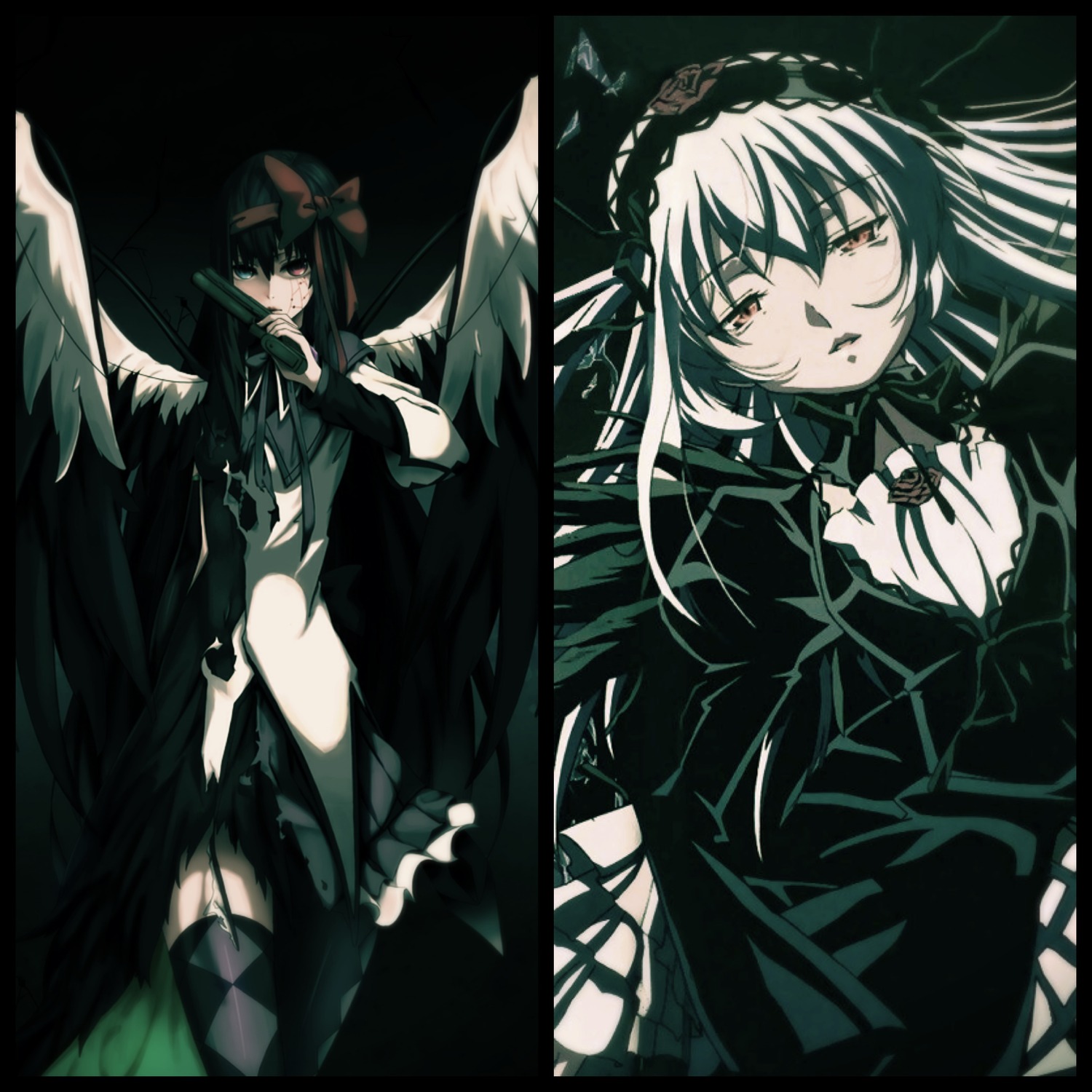 1girl black_wings bow checkered checkered_floor dress image long_hair long_sleeves ribbon solo suigintou wings