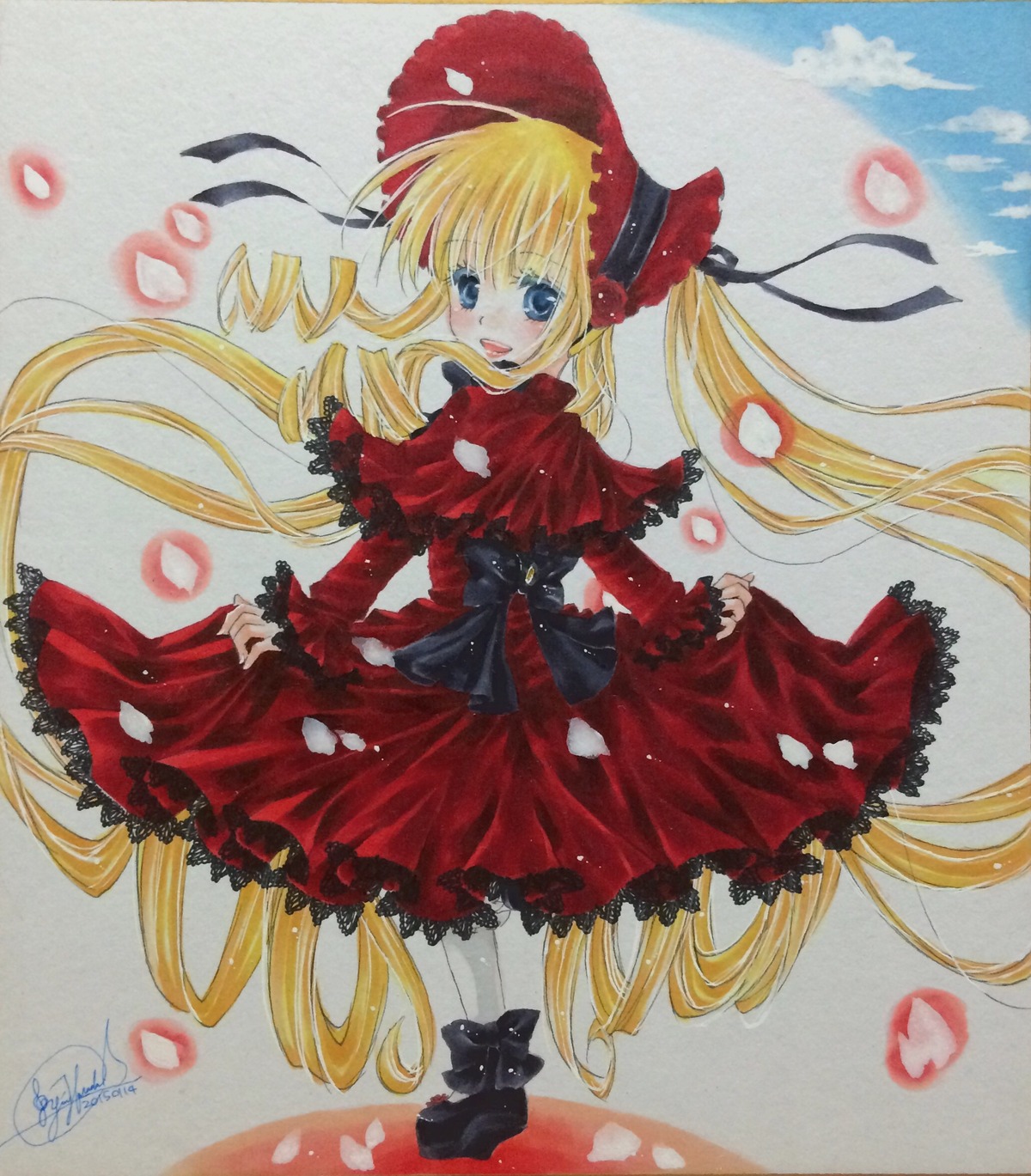 1girl :d blonde_hair blue_eyes blush bonnet bow dress image long_hair long_sleeves looking_at_viewer marker_(medium) millipen_(medium) open_mouth petals photo red_dress rose_petals shinku shoes signature smile solo standing traditional_media twintails very_long_hair watercolor_(medium)