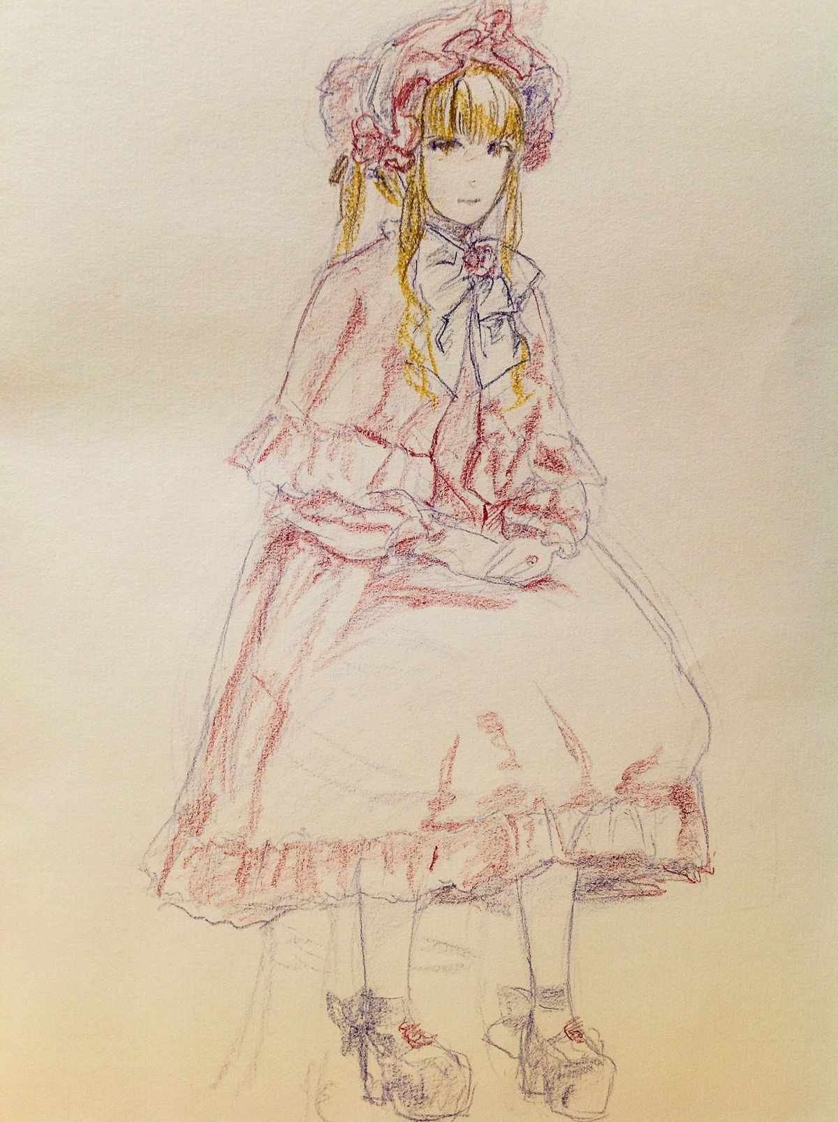 1girl blonde_hair dress flower hat image long_hair long_sleeves shinku sketch solo traditional_media