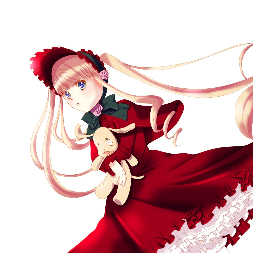 1girl blonde_hair blue_eyes bonnet bow bowtie cowboy_shot dress drill_hair flower holding image long_hair long_sleeves looking_at_viewer red_dress rose shinku simple_background solo twintails white_background