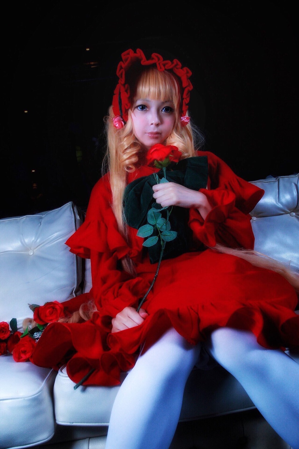 1girl blonde_hair blue_eyes bonnet dress flower lips pantyhose realistic red_dress red_flower red_rose rose shinku sitting solo white_legwear