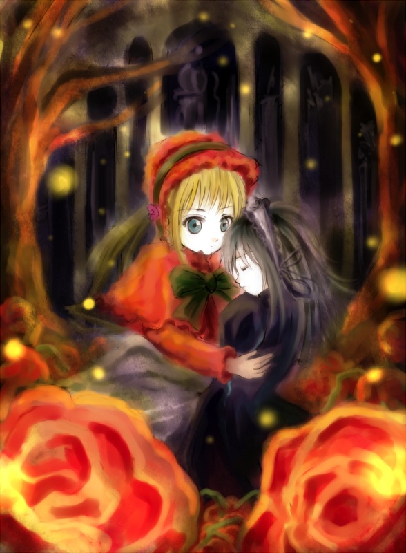 2girls blonde_hair blue_eyes bonnet bow capelet dress fire flower image long_hair long_sleeves multiple_girls pair red_dress red_flower red_rose rose shinku sitting suigintou