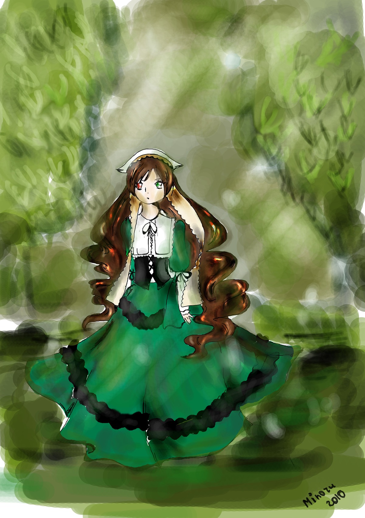 1girl artist_name brown_hair dated dress frills green_dress green_eyes heterochromia image long_hair looking_at_viewer red_eyes signature solo standing suiseiseki very_long_hair water