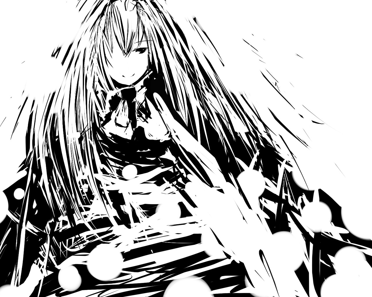 1girl dress greyscale image long_hair monochrome smile solo suigintou