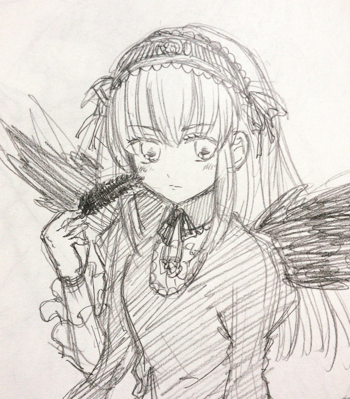 1girl black_wings blush dress feathered_wings feathers frills greyscale hairband image long_hair long_sleeves looking_at_viewer monochrome ribbon simple_background solo suigintou traditional_media upper_body wings