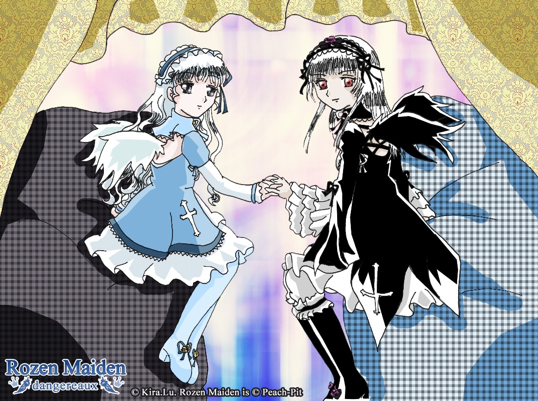 2girls black_wings boots dress frills full_body hairband holding_hands image knee_boots lolita_hairband long_hair long_sleeves looking_at_viewer multiple_girls red_eyes solo suigintou wings