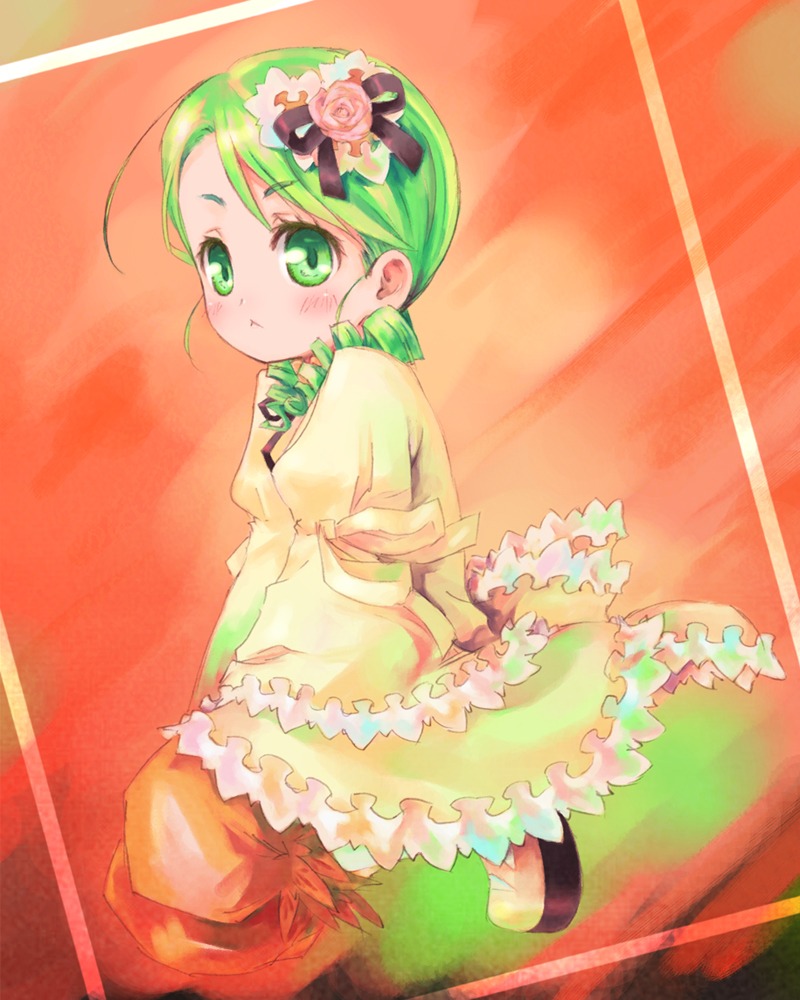 1girl blush bow dress flower frills green_eyes green_hair hair_ornament image kanaria long_sleeves pout rose solo