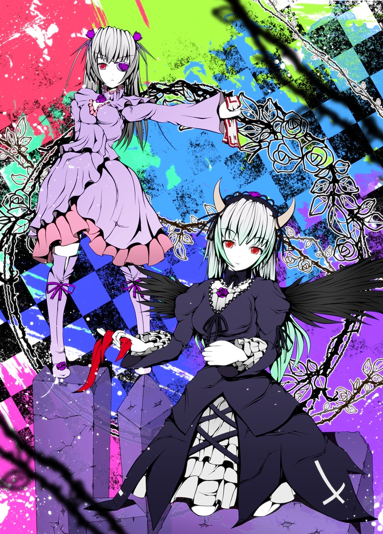 2girls argyle argyle_background barasuishou checkered checkered_background checkered_floor dress flower hairband image long_hair multiple_girls pair red_eyes rose silver_hair stained_glass suigintou wings