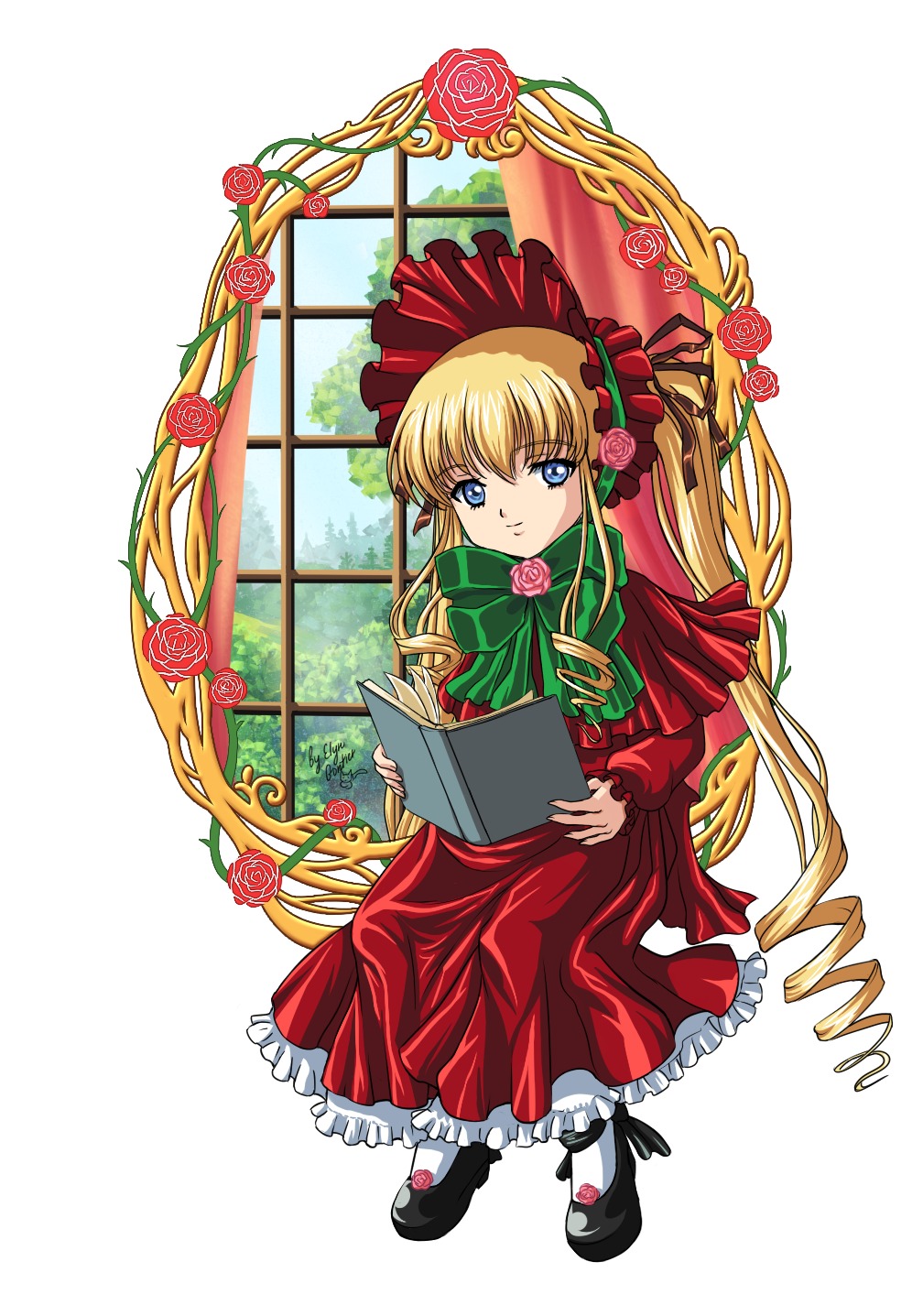 1girl black_footwear blonde_hair blue_eyes bonnet bow bowtie capelet dress drill_hair flower full_body green_bow green_neckwear image long_hair looking_at_viewer mary_janes pink_flower pink_rose red_capelet red_dress red_flower red_rose rose shinku shoes sidelocks sitting solo very_long_hair