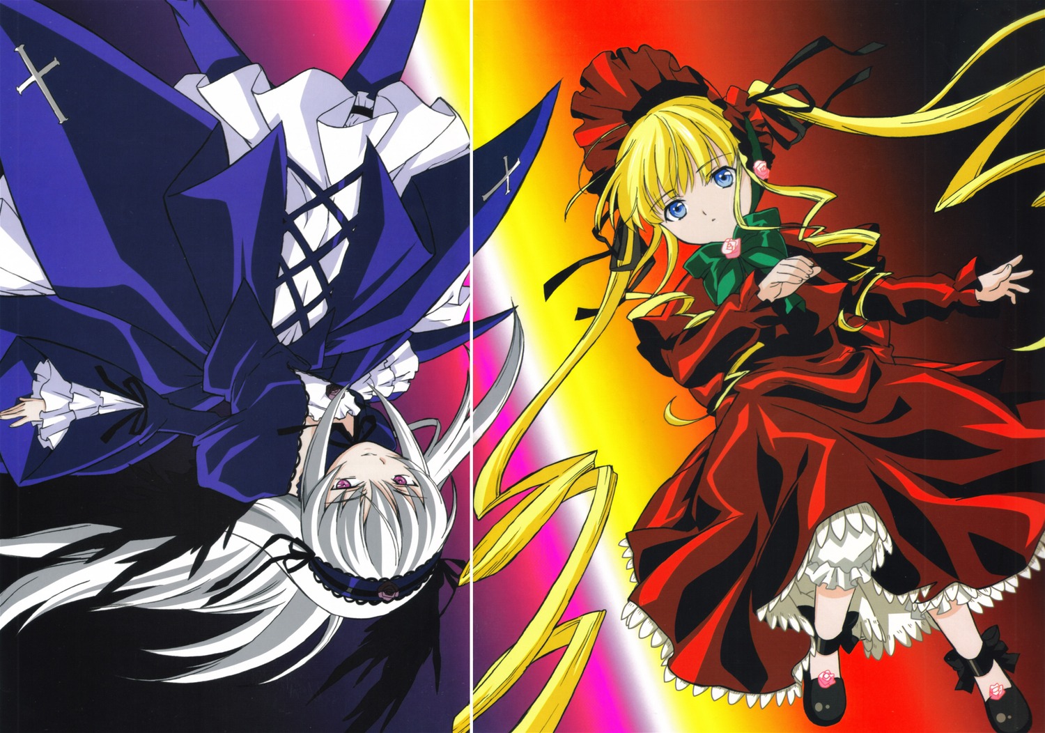 2girls black_footwear black_wings blonde_hair blue_eyes bow dress floating flower frills green_neckwear image long_hair long_sleeves looking_at_viewer multiple_girls pair pink_eyes red_dress rose shinku shoes silver_hair standing suigintou twintails very_long_hair wings