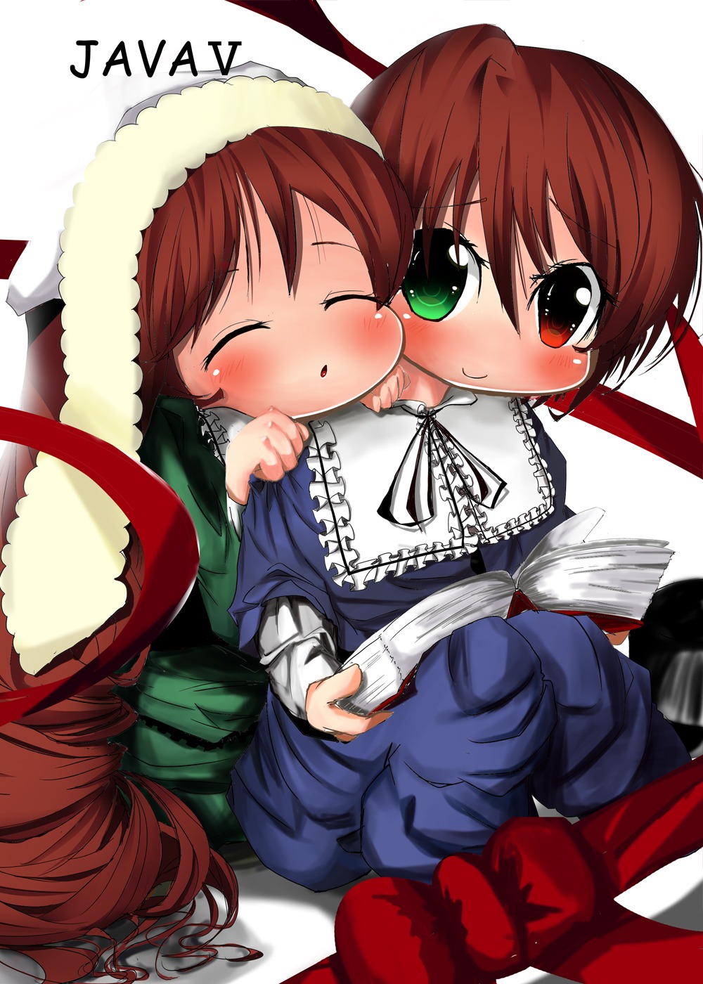 2girls blush brown_hair closed_eyes dress green_eyes heterochromia image long_hair long_sleeves multiple_girls pair red_eyes siblings sisters smile souseiseki suiseiseki very_long_hair