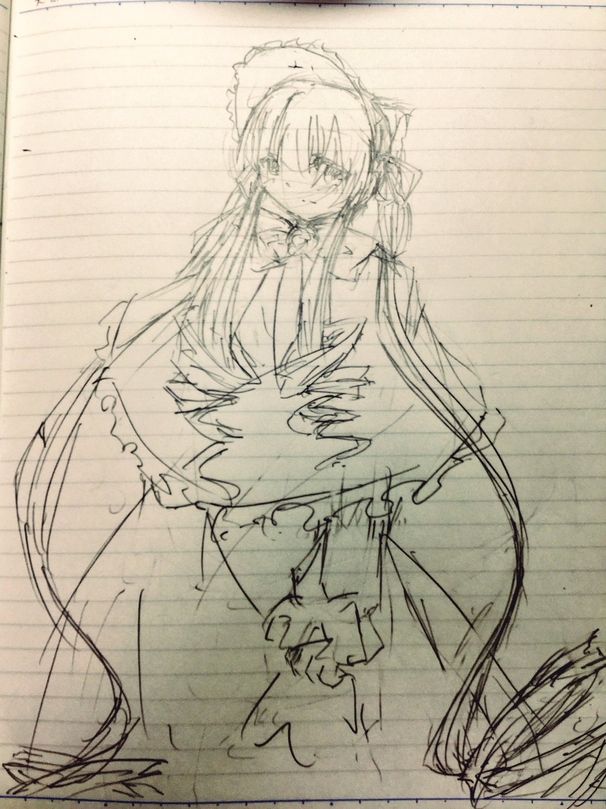 1girl dress frills image long_hair long_sleeves looking_at_viewer monochrome shinku sketch solo twintails very_long_hair