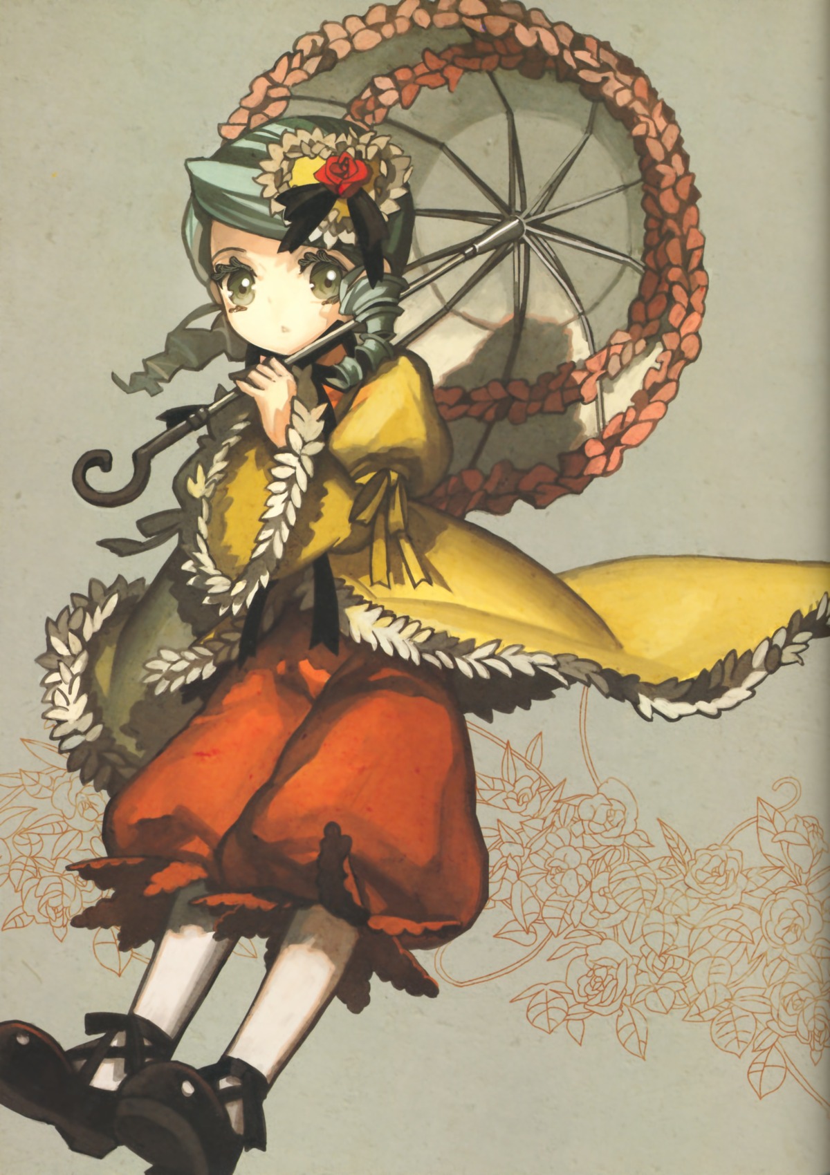 1girl absurdres aqua_hair dress drill_hair flower frills full_body green_eyes highres image kanaria long_hair long_sleeves looking_at_viewer rozen_maiden scan shoes solo standing umbrella wada_arco wide_sleeves