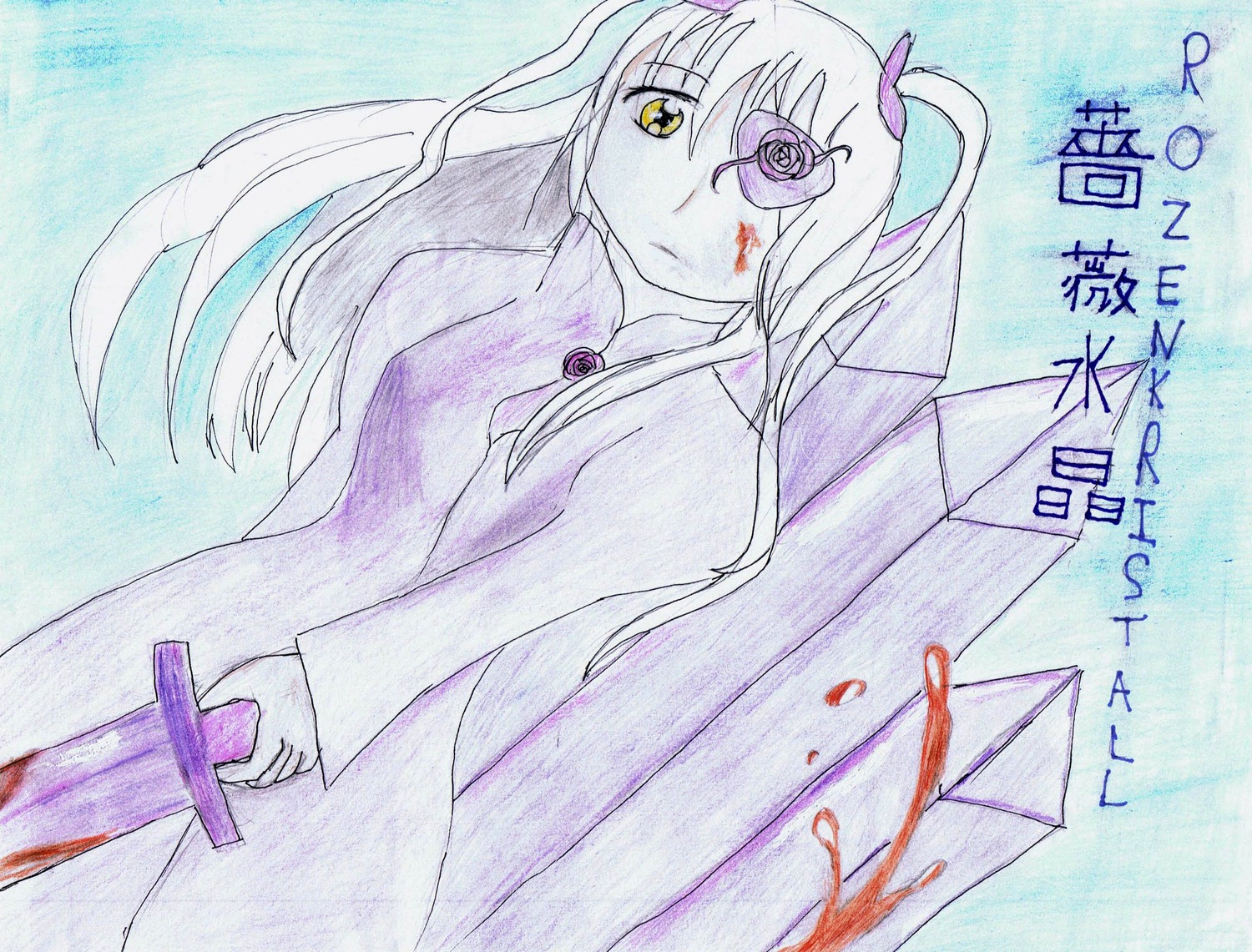 1girl barasuishou blood blood_on_face blood_splatter eyepatch facepaint flower image long_hair solo traditional_media yellow_eyes