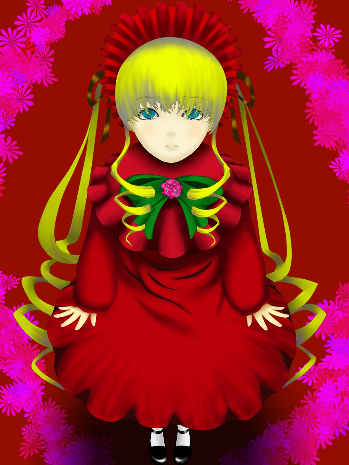 1girl blonde_hair blue_eyes bonnet bow bowtie dress flower full_body green_bow green_neckwear image long_hair long_sleeves looking_at_viewer pantyhose red_dress shinku shoes sitting solo white_legwear