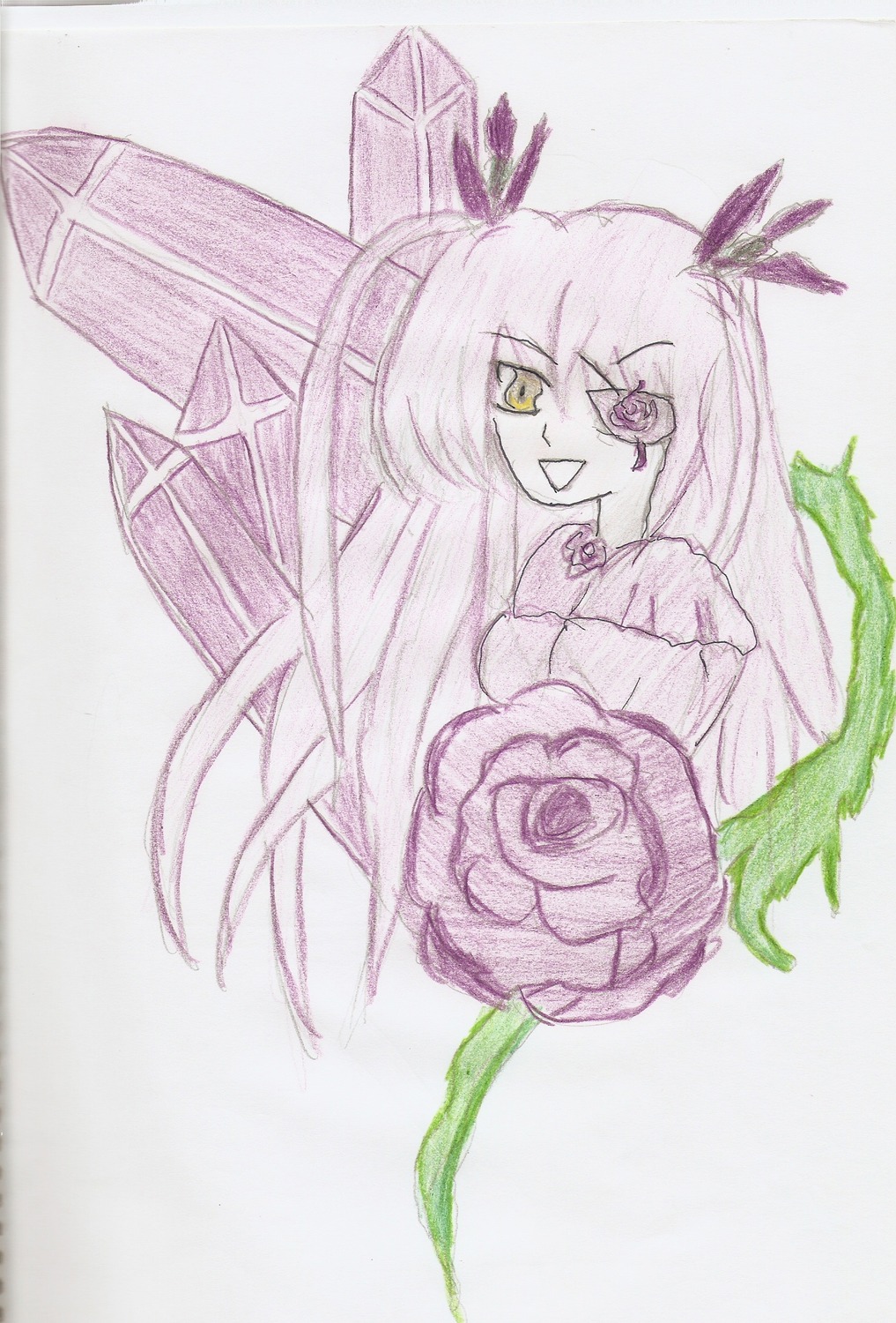 1girl :d barasuishou flower image long_hair monster_girl open_mouth photo rose simple_background smile solo striped traditional_media very_long_hair yellow_eyes