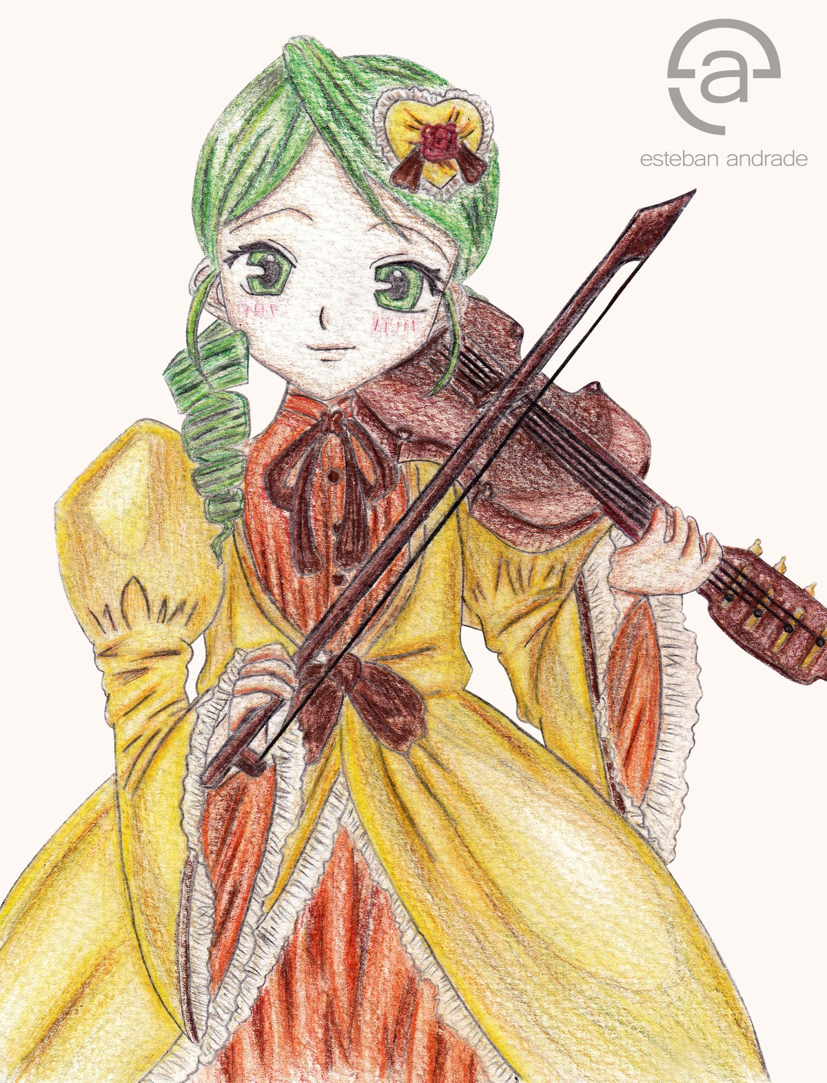 1girl bow bow_(instrument) dress drill_hair green_eyes green_hair hat image instrument kanaria long_sleeves playing_instrument ribbon solo traditional_media twin_drills violin yellow_dress