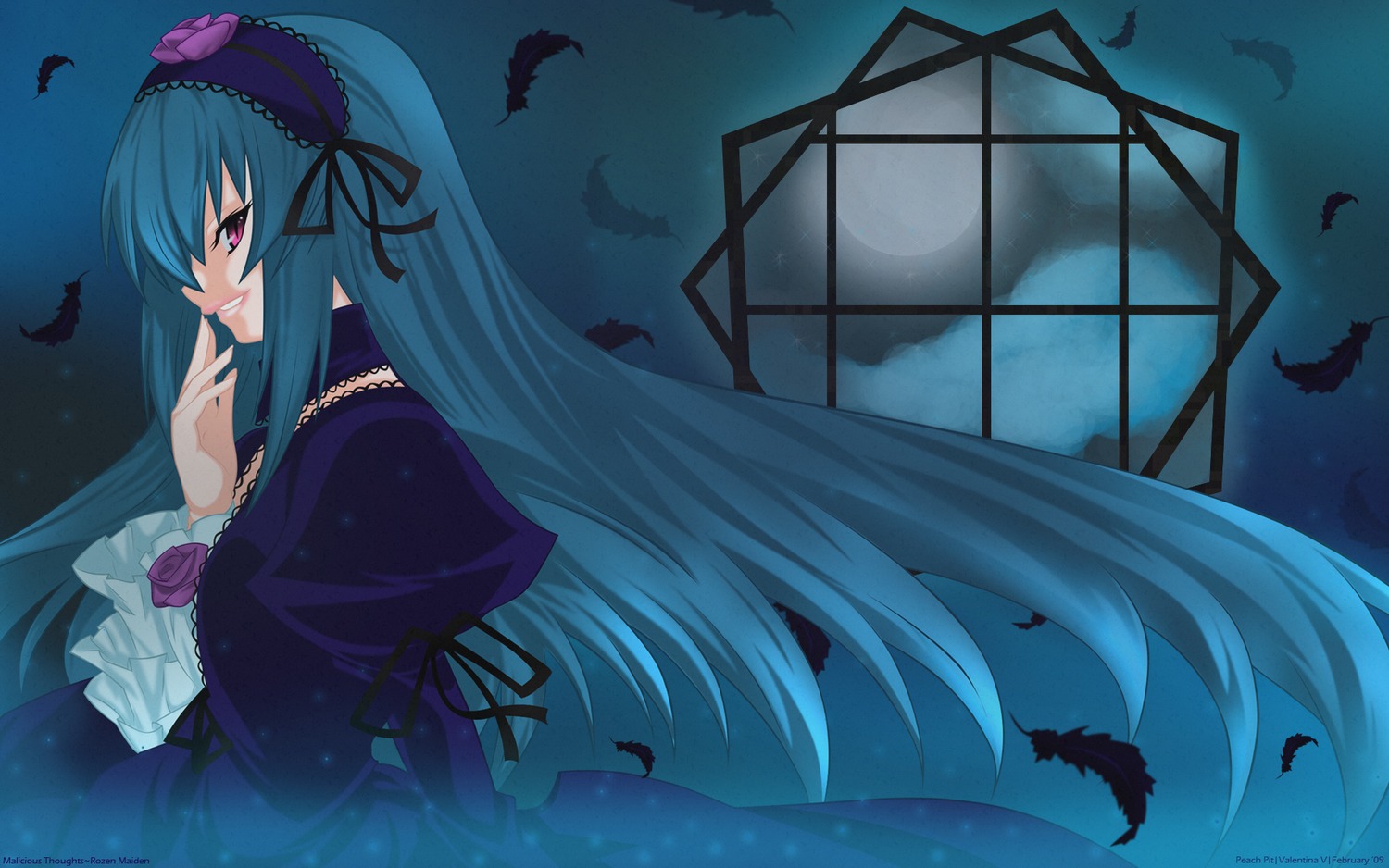 1girl bat bird black_feathers crow dove dress feathers flower frilled_sleeves frills full_moon hairband image long_hair long_sleeves moon night red_eyes rose seagull smile solo suigintou very_long_hair white_feathers wings