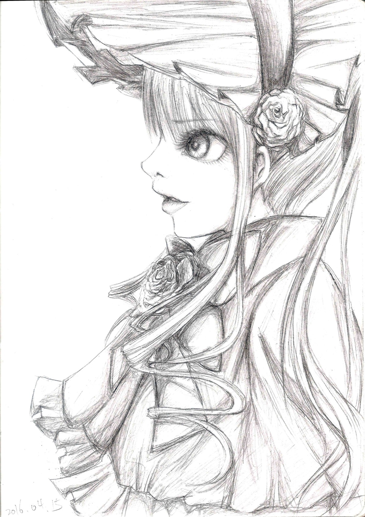1girl dress flower greyscale hat image long_hair monochrome profile ribbon rose shinku smile solo traditional_media