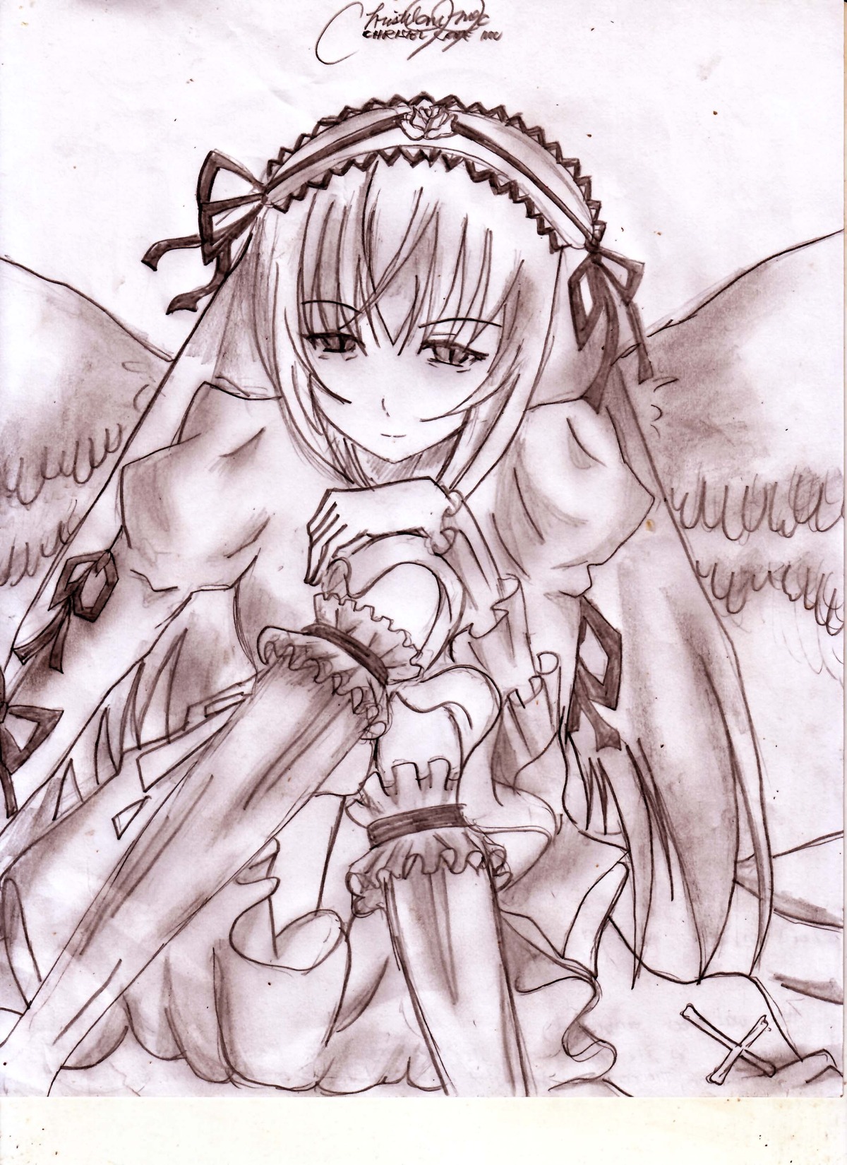 1girl blush dress frilled_sleeves frills hairband image lolita_hairband long_hair long_sleeves looking_at_viewer monochrome puffy_sleeves ribbon sitting smile solo suigintou traditional_media wings