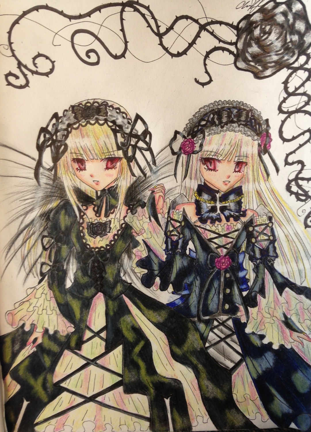 2girls auto_tagged blonde_hair dress flower frills hairband image long_hair long_sleeves looking_at_viewer multiple_girls red_eyes rose siblings solo suigintou traditional_media