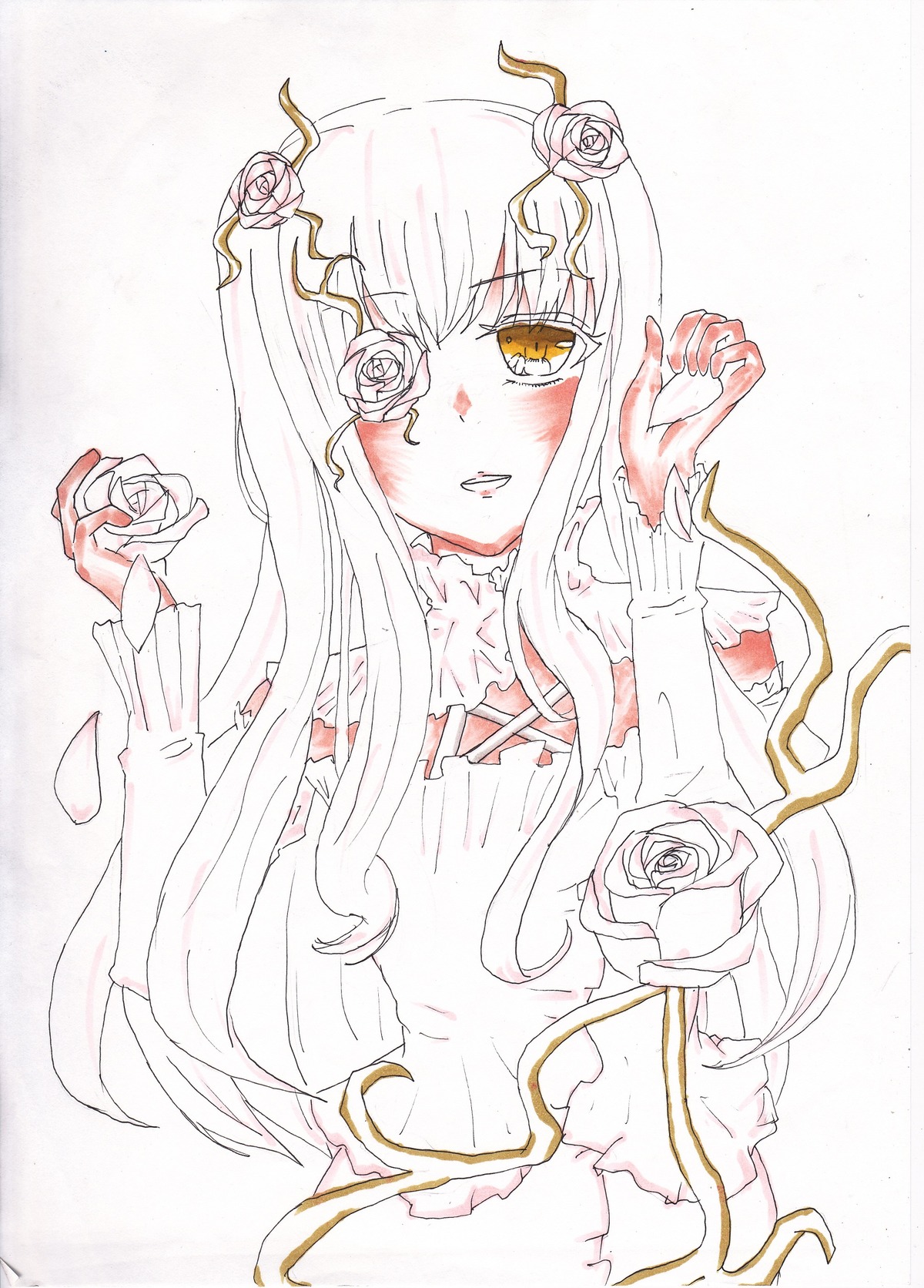 1girl bangs blush dress eyepatch flower hair_flower hair_ornament image kirakishou long_hair long_sleeves monochrome pink_hair pink_rose rose solo striped thorns white_flower white_rose yellow_eyes