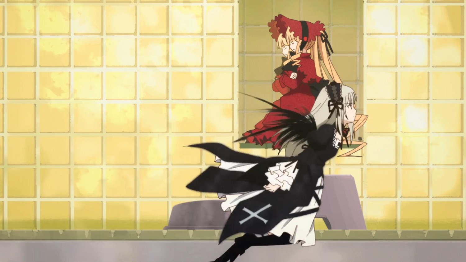 blonde_hair dress frills image indoors long_hair long_sleeves multiple_girls pair shinku suigintou tiles white_hair