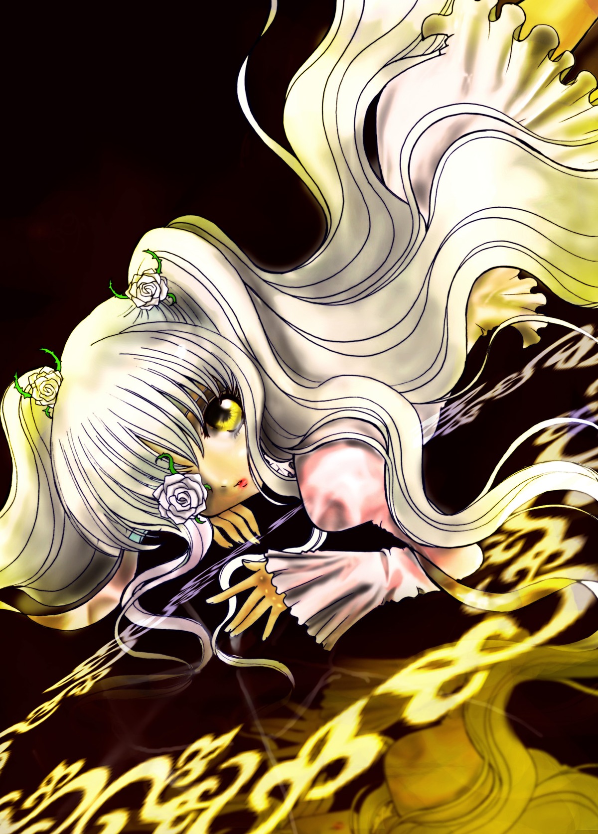 1girl blonde_hair dress expressionless eyepatch flower hair_flower hair_ornament image kirakishou long_hair looking_at_viewer pink_rose rose solo thorns very_long_hair vines white_flower white_rose yellow_eyes