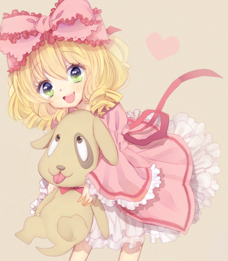 1girl blonde_hair blush bow dress drill_hair frilled_dress frills green_eyes hair_bow heart hina_ichigo hinaichigo image looking_at_viewer open_mouth pink_bow pink_dress smile solo striped striped_background stuffed_animal teddy_bear vertical_stripes