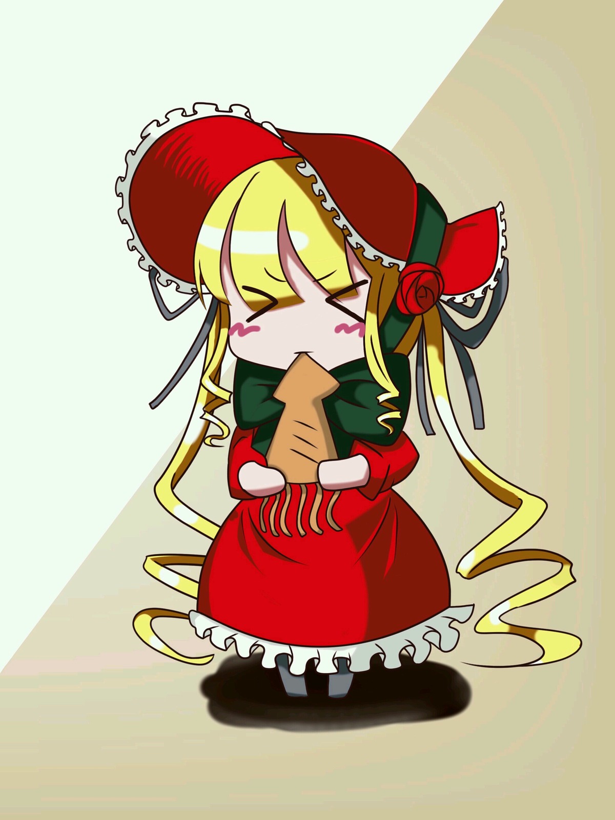 1girl >_< blonde_hair blush_stickers bonnet chibi closed_eyes dress flower image long_hair long_sleeves rose shinku solo