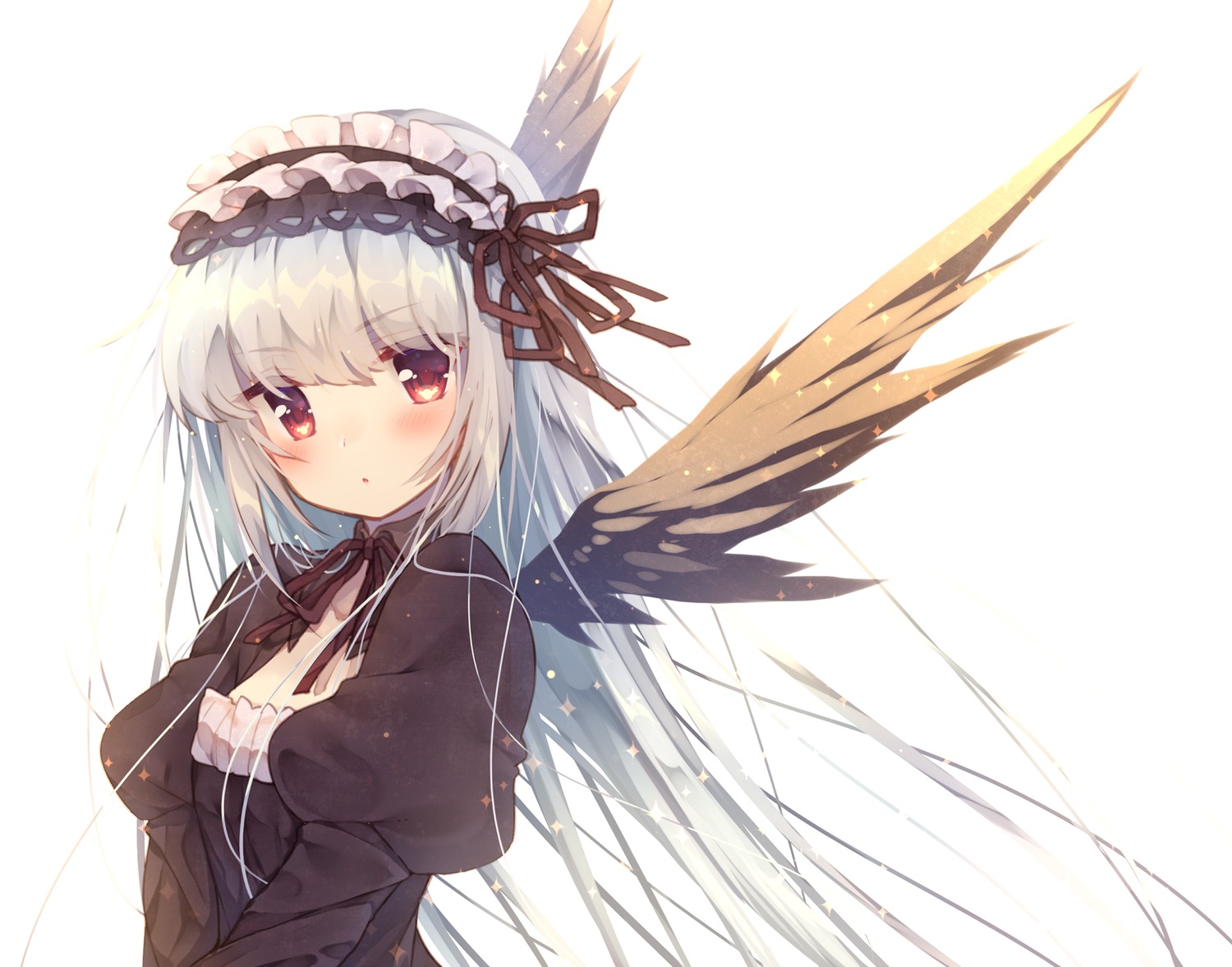 1girl angel_wings bangs black_dress black_ribbon black_wings blunt_bangs blush breasts commentary_request dress eyebrows_visible_through_hair feathered_wings feathers hairband highres image juliet_sleeves lolita_fashion lolita_hairband long_hair long_sleeves looking_at_viewer maid_headdress neck_ribbon puffy_sleeves red_eyes ribbon rozen_maiden silver_hair simple_background solo solo_wing striped suigintou upper_body usamata v_arms very_long_hair white_background white_wings wings