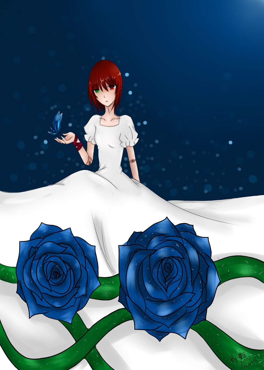 1girl blue_flower blue_rose butterfly dress flower heterochromia image insect puffy_sleeves red_eyes red_flower red_hair red_rose rose short_hair solo souseiseki white_dress