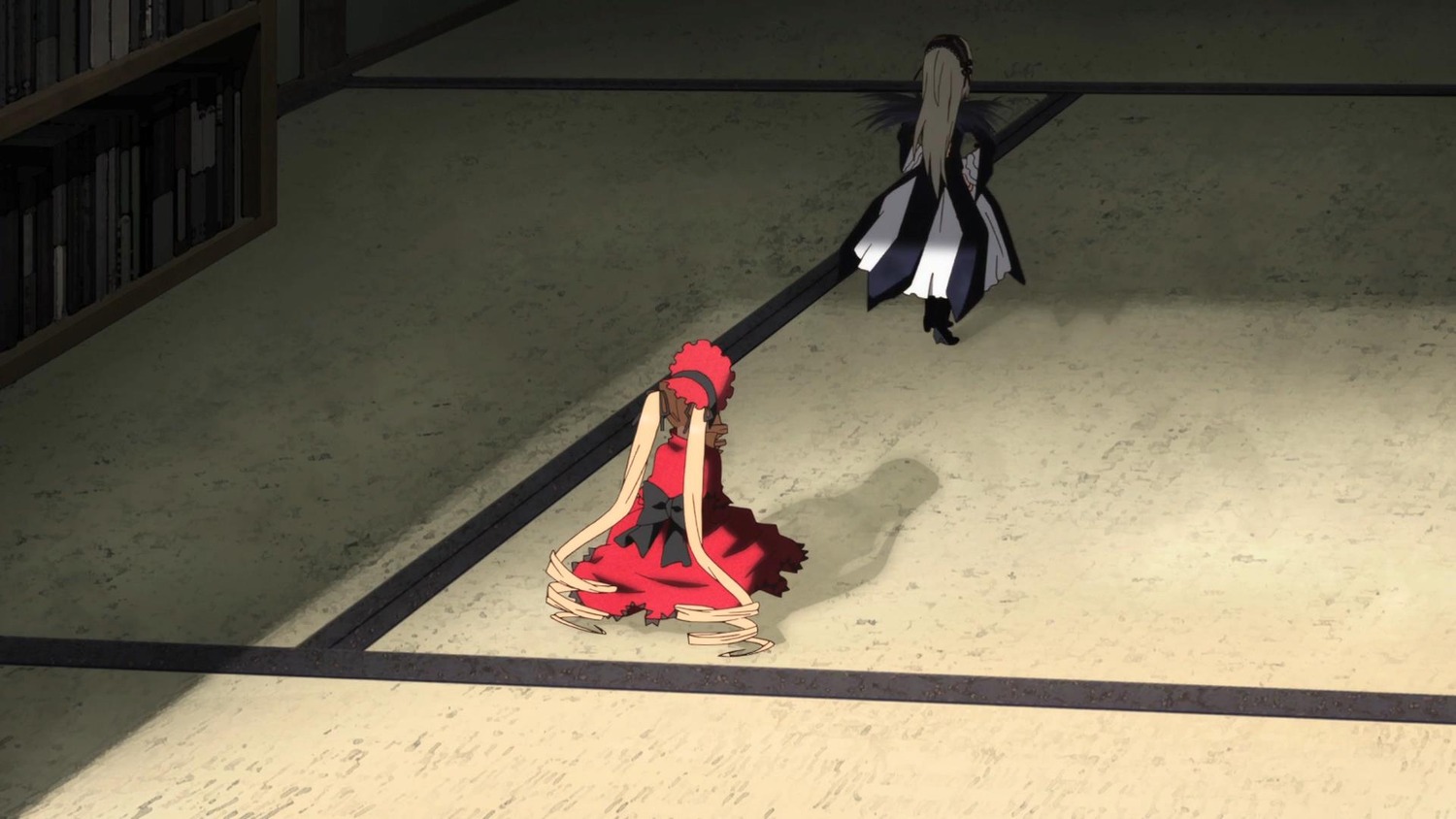 2girls dress hat image long_hair multiple_girls on_ground pair shinku sitting suigintou tatami