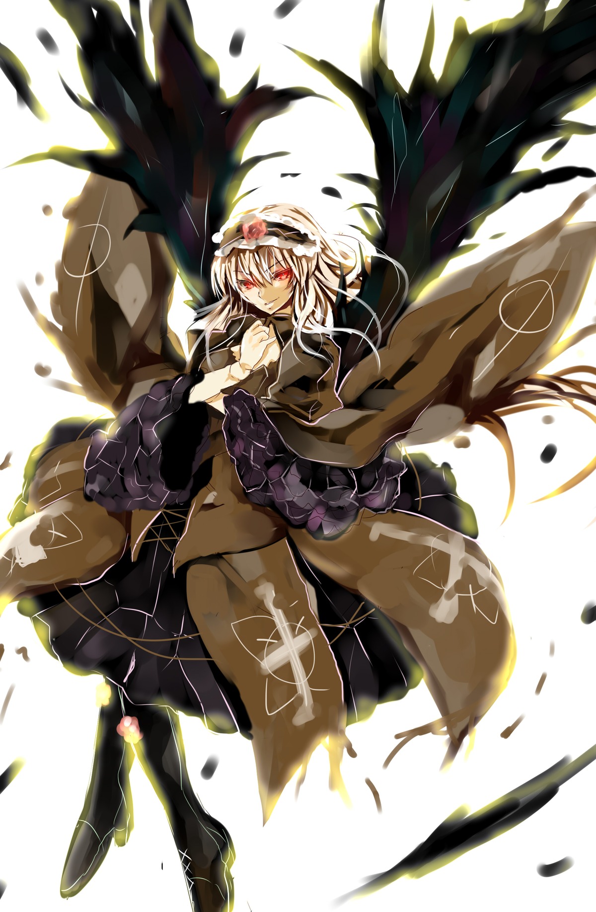 1girl black_footwear black_wings boots dress flower frills full_body hairband image long_hair long_sleeves looking_at_viewer red_eyes ribbon rose silver_hair solo suigintou white_background wings