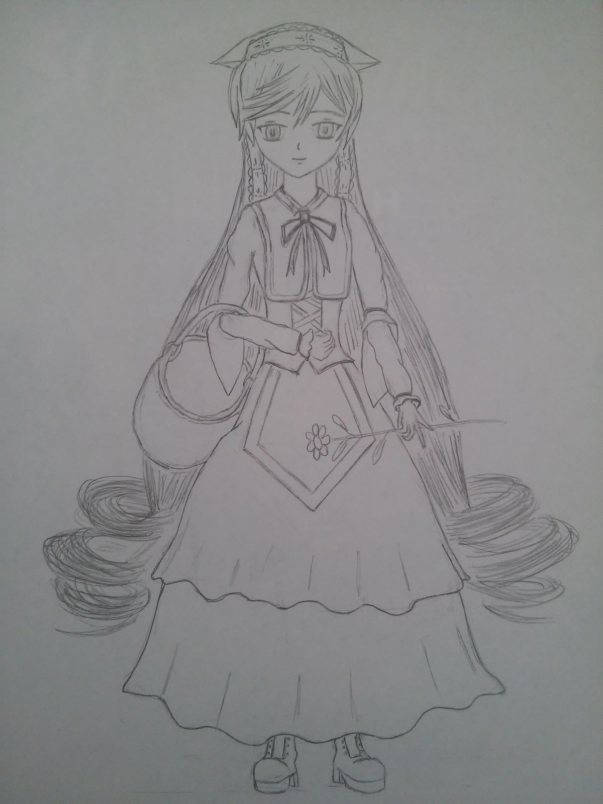 1girl dress drill_hair full_body greyscale image long_hair long_sleeves looking_at_viewer monochrome sketch solo standing suiseiseki traditional_media very_long_hair