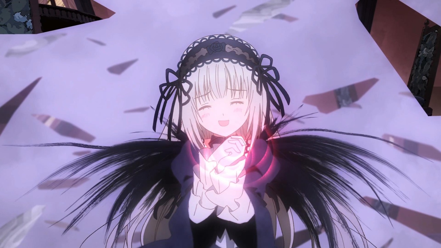1girl :d auto_tagged black_dress black_ribbon black_wings blush building closed_eyes dress facing_viewer frills hairband image long_hair long_sleeves open_mouth ribbon silver_hair smile solo suigintou very_long_hair wings