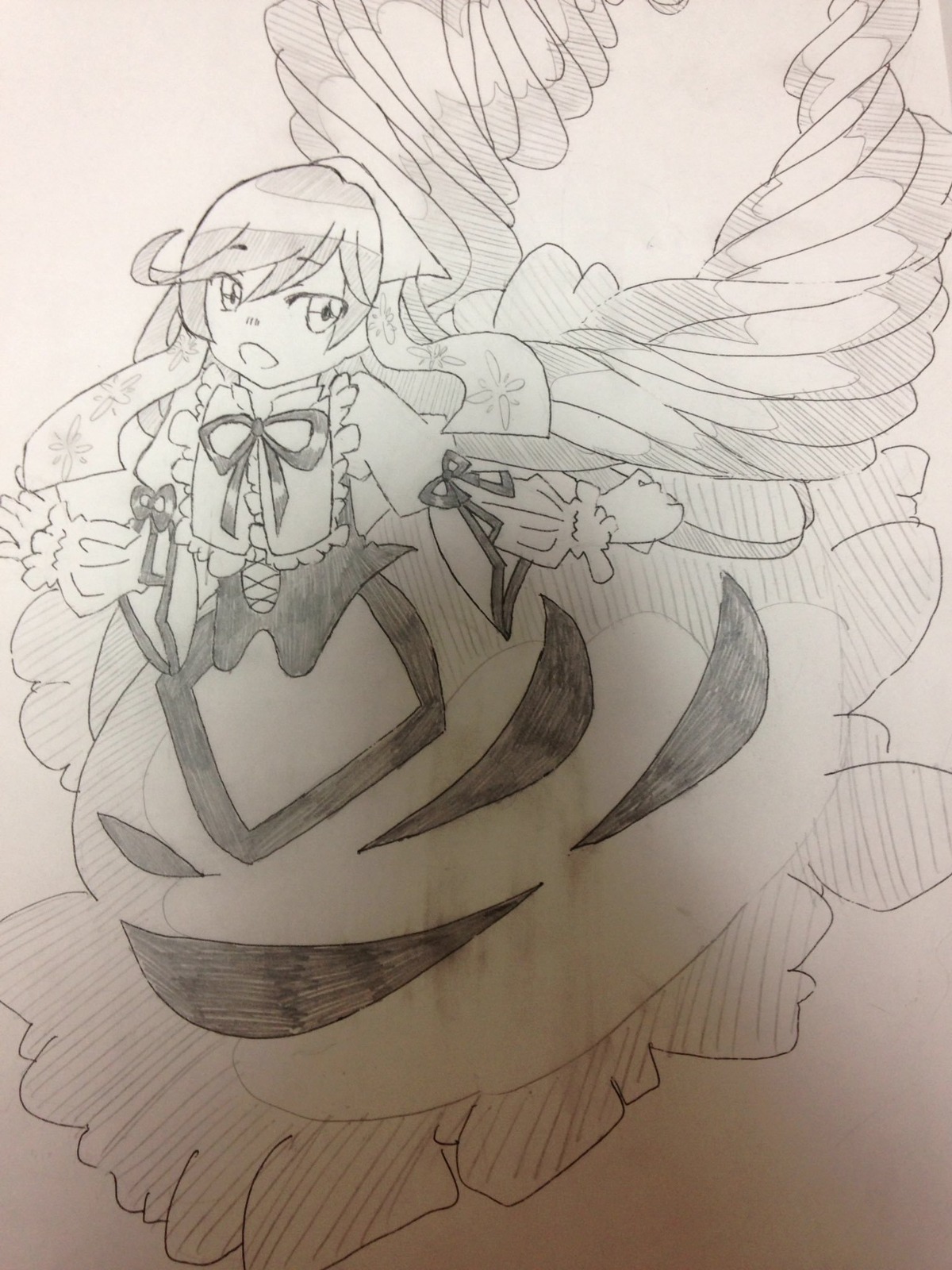 1girl dress frills image long_hair long_sleeves monochrome open_mouth pokemon_(creature) solo suiseiseki traditional_media very_long_hair wings