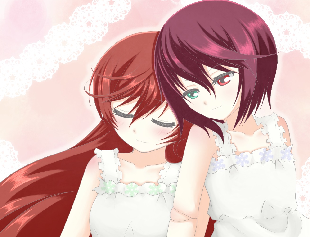 2girls blush closed_eyes dress green_eyes heterochromia hug hug_from_behind image long_hair multiple_girls pair red_eyes red_hair short_hair siblings sisters smile souseiseki striped striped_background suiseiseki twins vertical_stripes yuri