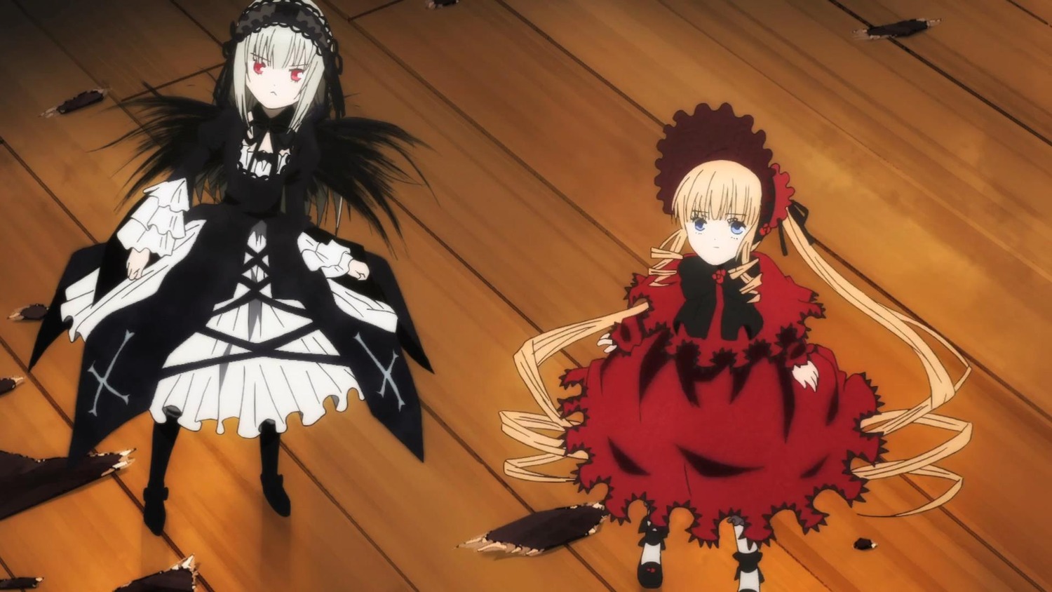 2girls black_wings blonde_hair blue_eyes bonnet dress frills hairband image long_hair long_sleeves multiple_girls pair red_eyes ribbon rose shinku silver_hair suigintou twintails wings