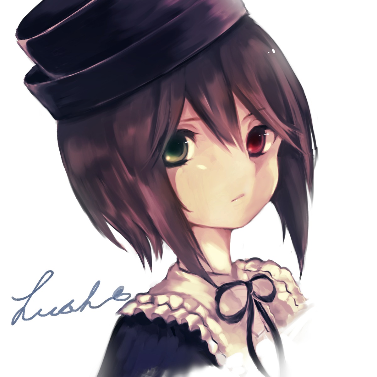 1girl black_headwear brown_hair closed_mouth hat image looking_at_viewer neck_ribbon nishizumi_maho ribbon short_hair signature simple_background solo souseiseki striped vertical_stripes white_background