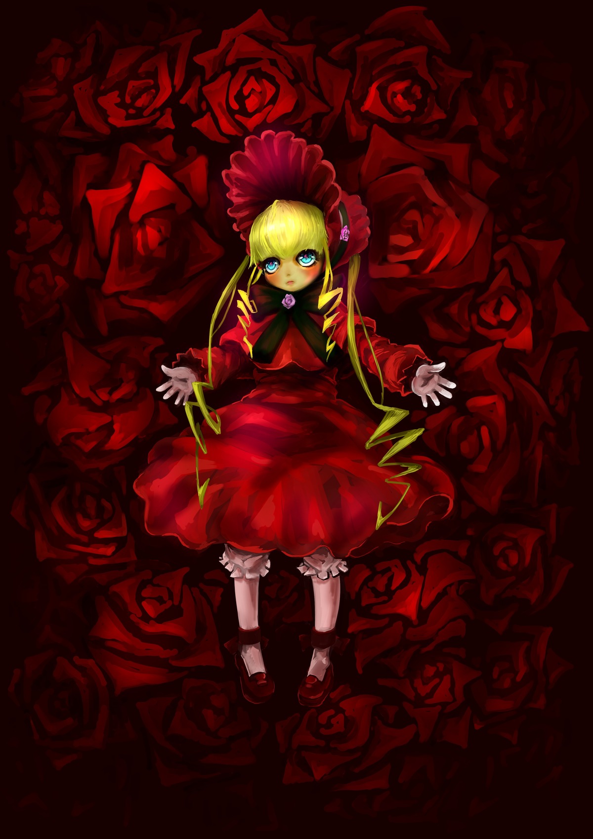 1girl auto_tagged blonde_hair bloomers blue_eyes bonnet dress flower image long_hair long_sleeves pink_rose red_dress red_flower red_rose rose rose_petals shinku solo thorns twintails underwear