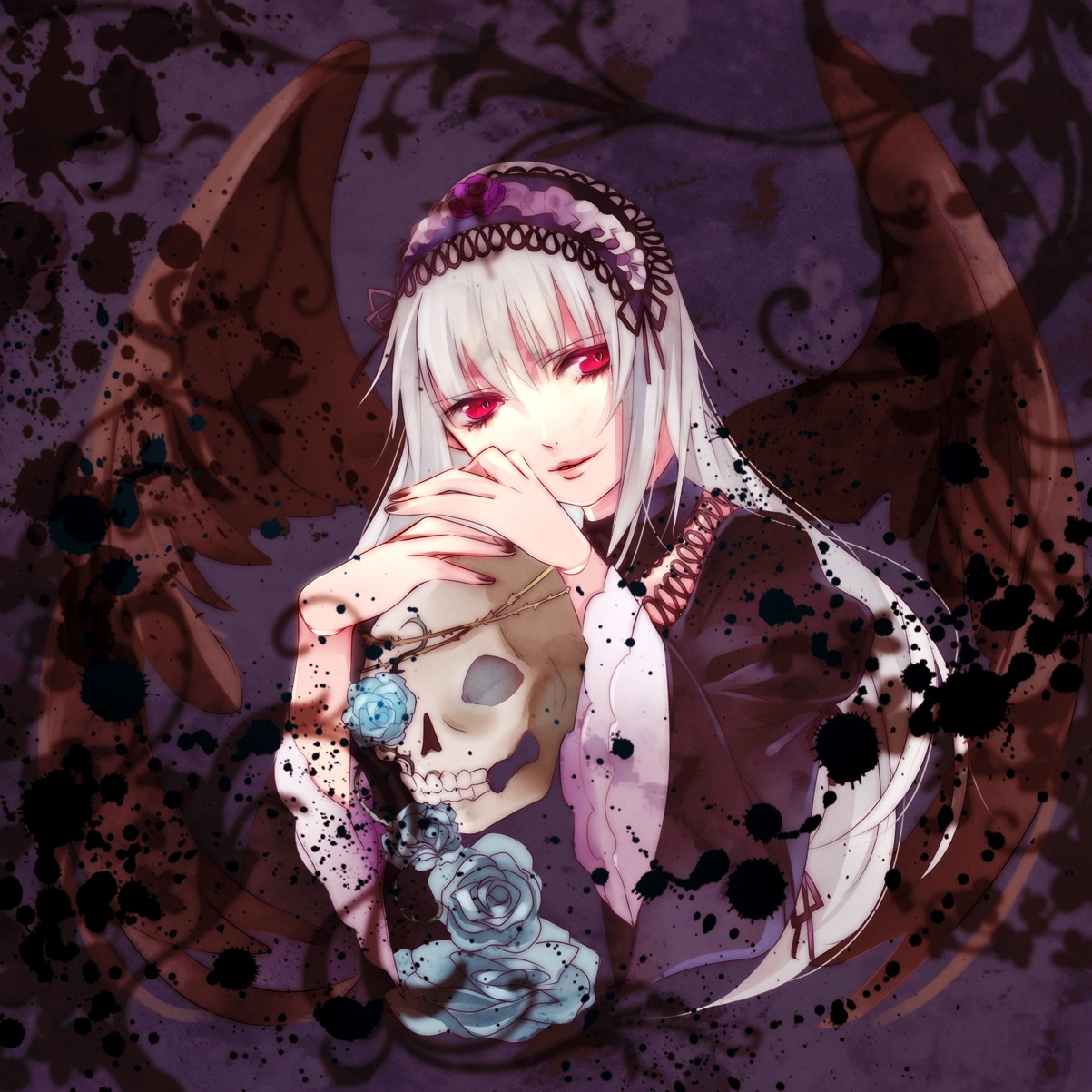1girl auto_tagged bad_id bad_pixiv_id blue_rose dress flower gothic_lolita hairband highres hoe_satsuki image lolita_fashion lolita_hairband long_hair long_sleeves looking_at_viewer red_eyes rose rozen_maiden silver_hair skull smile solo suigintou wings