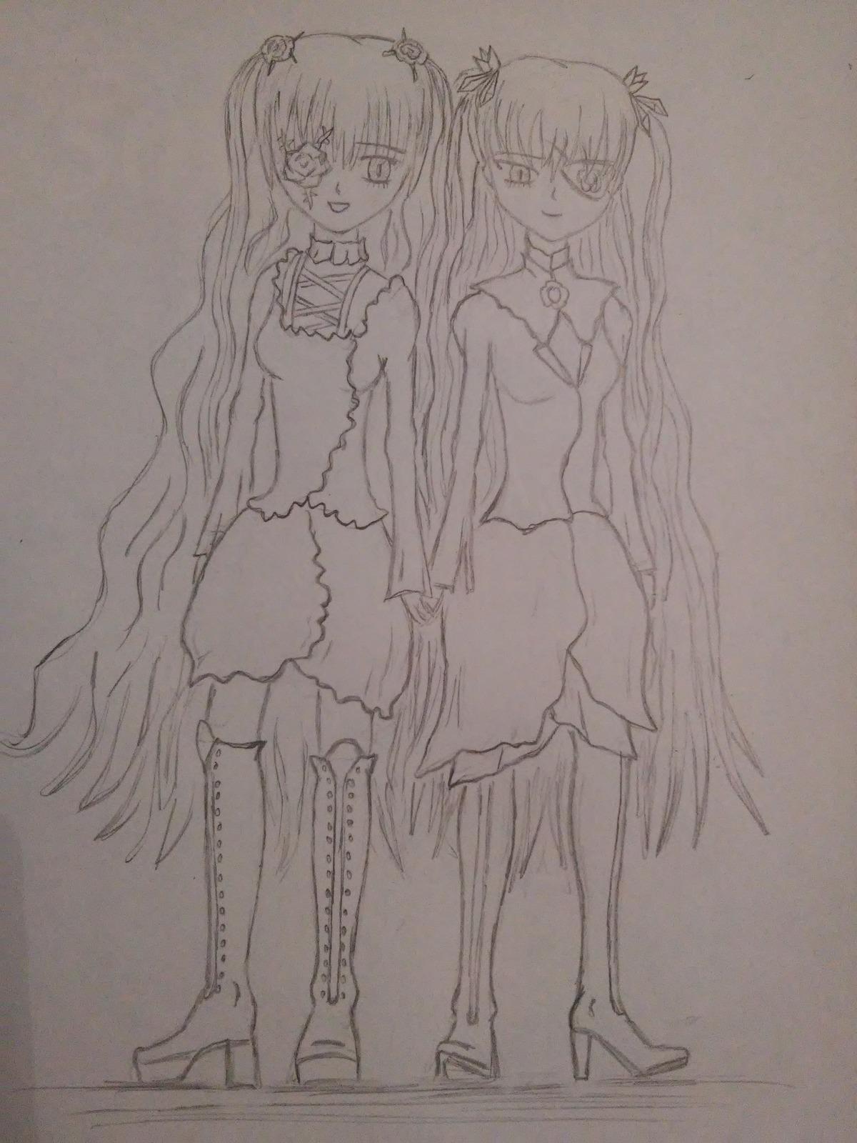 2girls akemi_homura barasuishou boots bow dress gloves high_heels holding_hands image kaname_madoka kirakishou long_hair monochrome multiple_girls pair smile thighhighs traditional_media two_side_up ultimate_madoka very_long_hair zettai_ryouiki