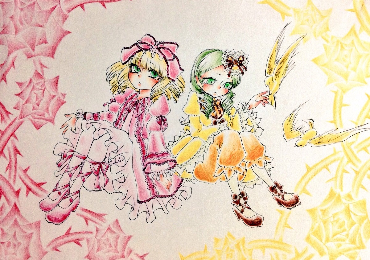 2girls blonde_hair bow cross-laced_footwear dress frills green_eyes green_hair hair_bow hair_ornament hina_ichigo hinaichigo image kanaria multiple_girls pair pink_bow ribbon short_hair siblings sisters traditional_media