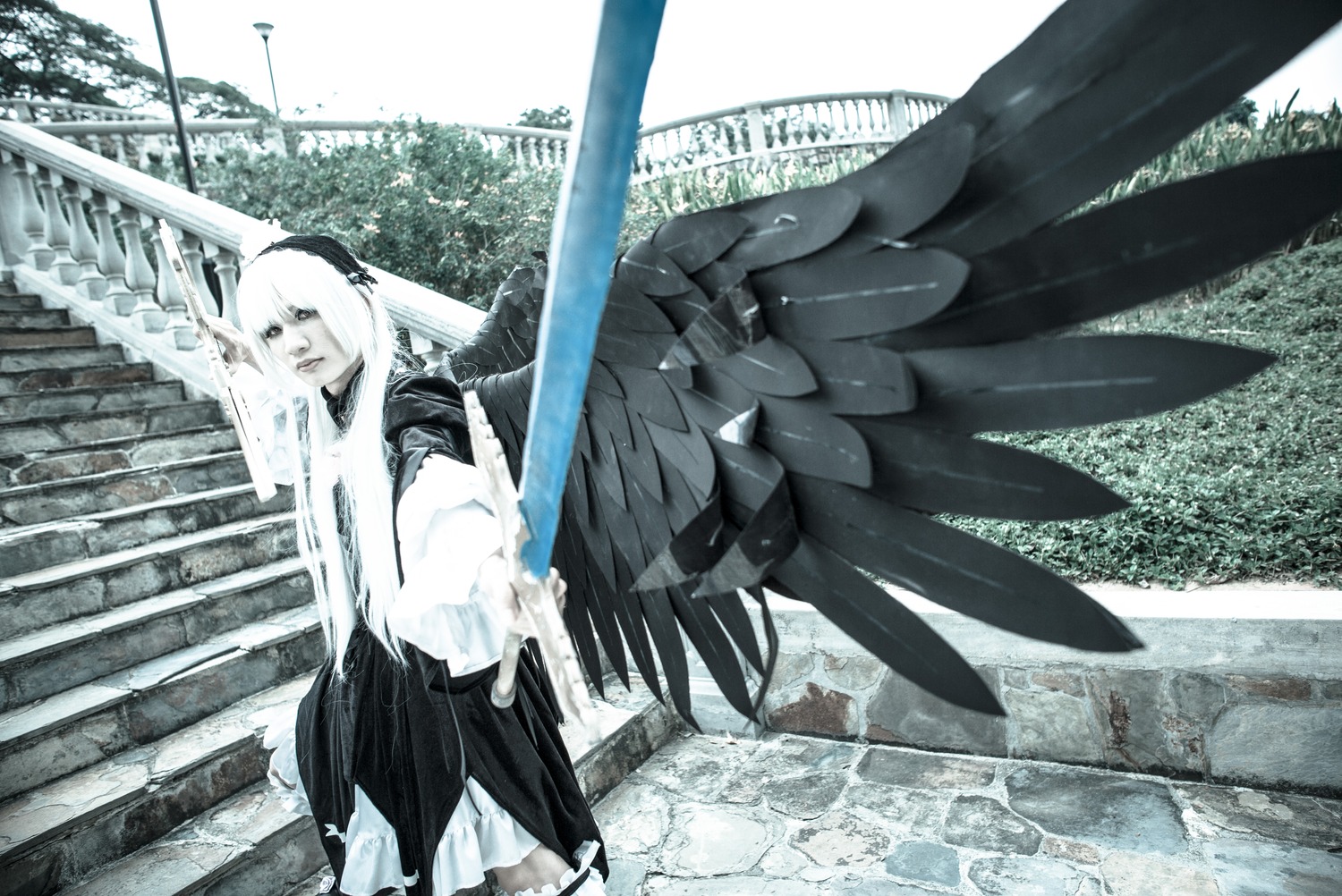 1girl dress long_hair monochrome solo standing suigintou white_hair wings