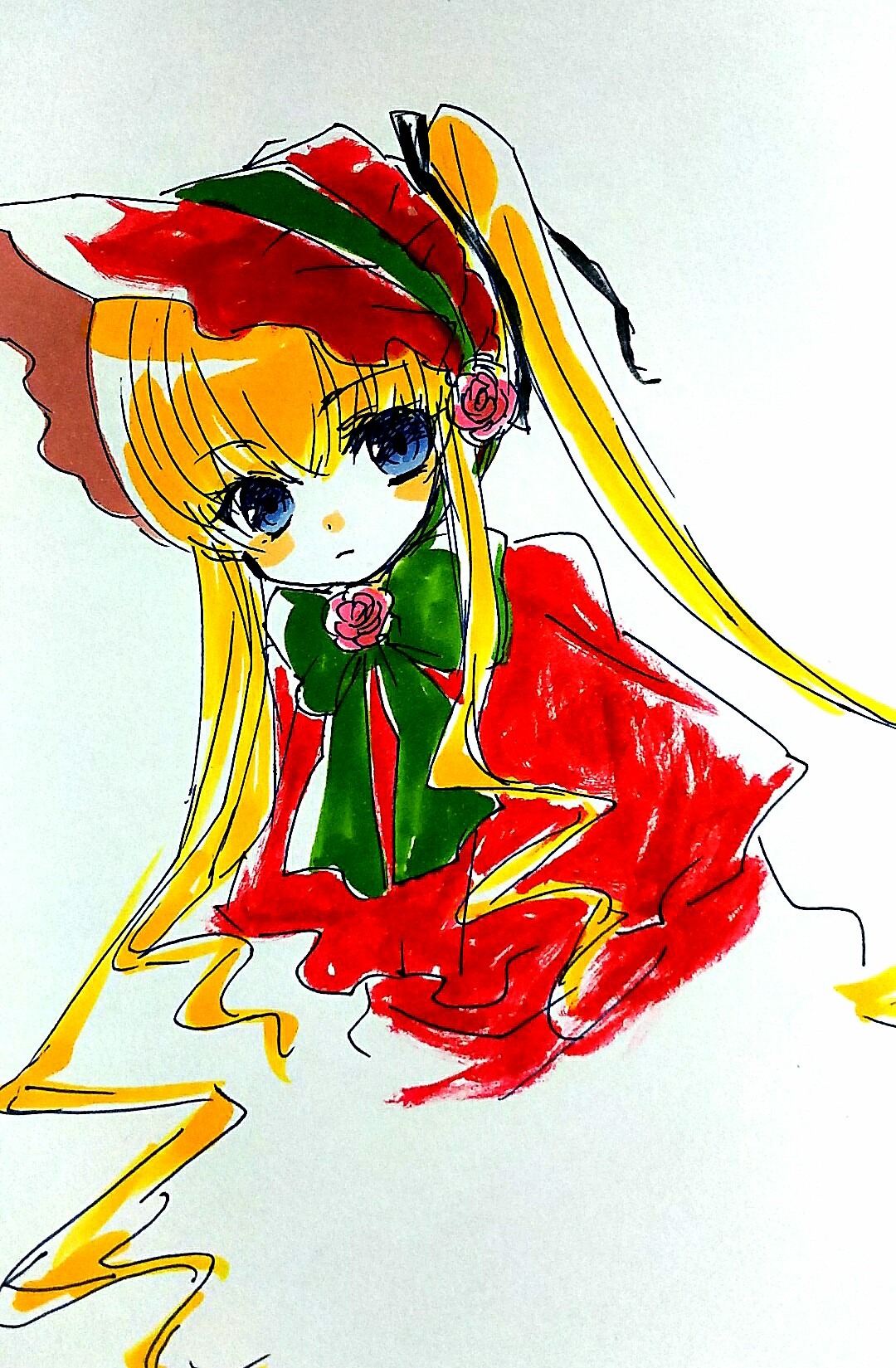 1girl blonde_hair blue_eyes bonnet bow bowtie capelet dress expressionless flower green_bow green_neckwear image long_hair long_sleeves looking_at_viewer marker_(medium) pink_rose red_capelet red_dress red_flower red_rose rose shinku sidelocks simple_background solo twintails