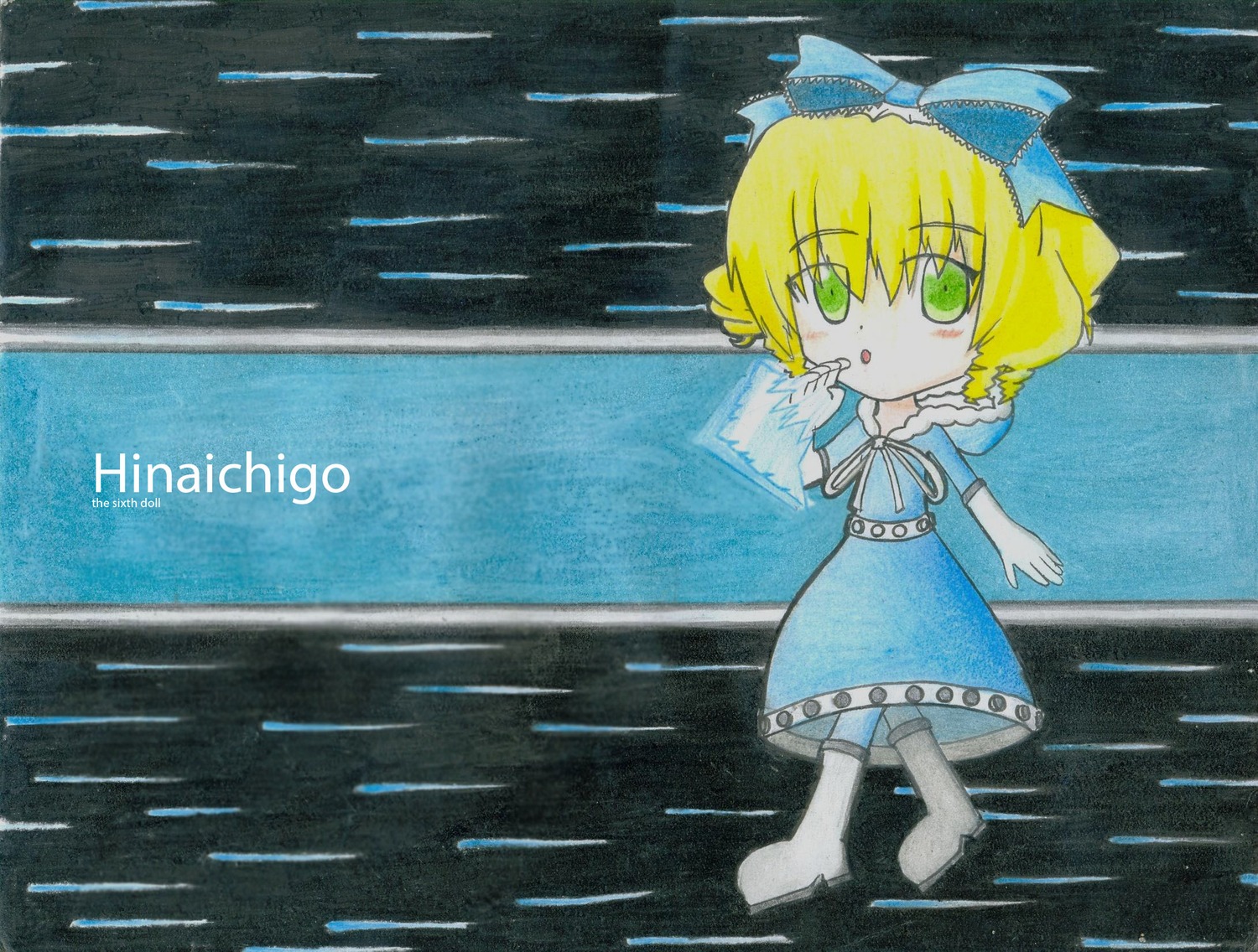 1girl blonde_hair blue_dress boots bow character_name dress eyebrows_visible_through_hair green_eyes hair_bow hinaichigo image ribbon short_hair solo standing